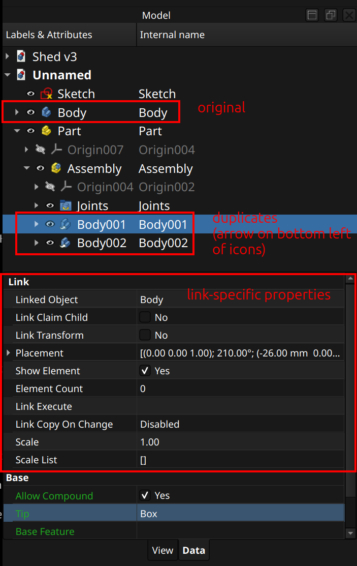FreeCAD app link model pane example