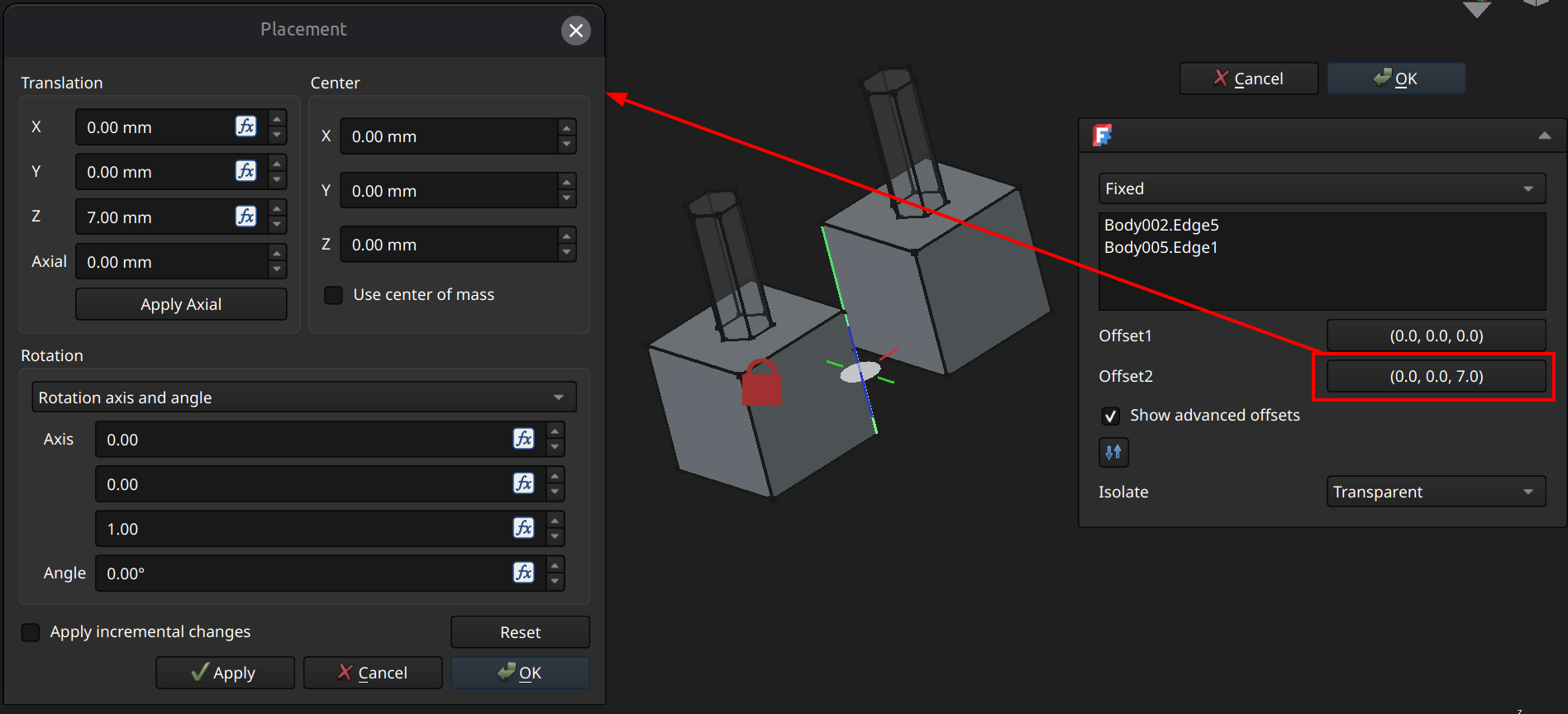 FreeCAD assembly workbench offset advanced example