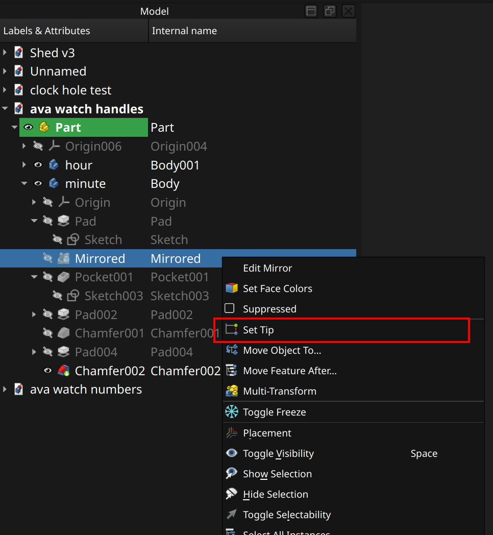 FreeCAD Part Design workbench set tip