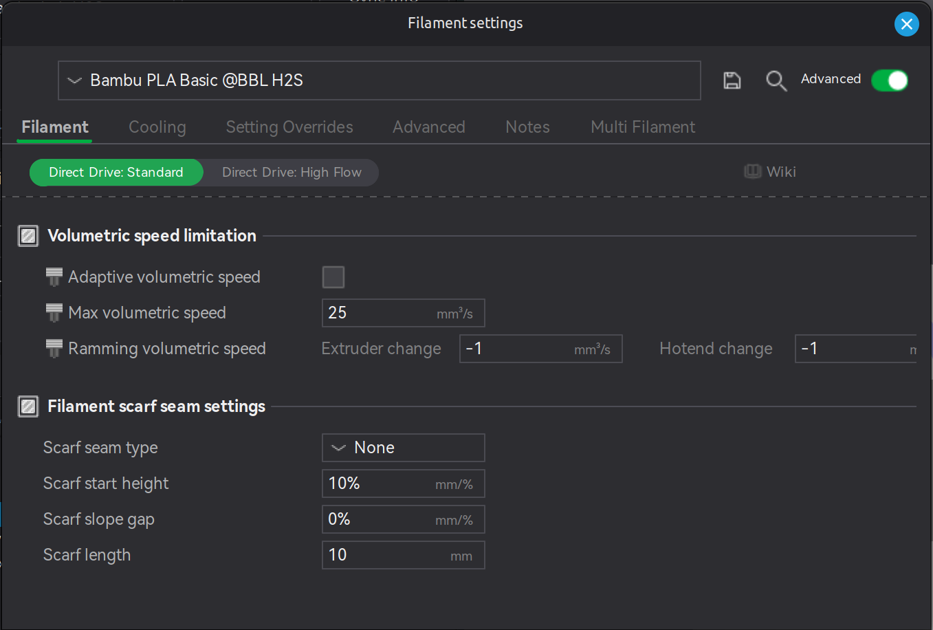 Bambu Studio filament scarf seam settings