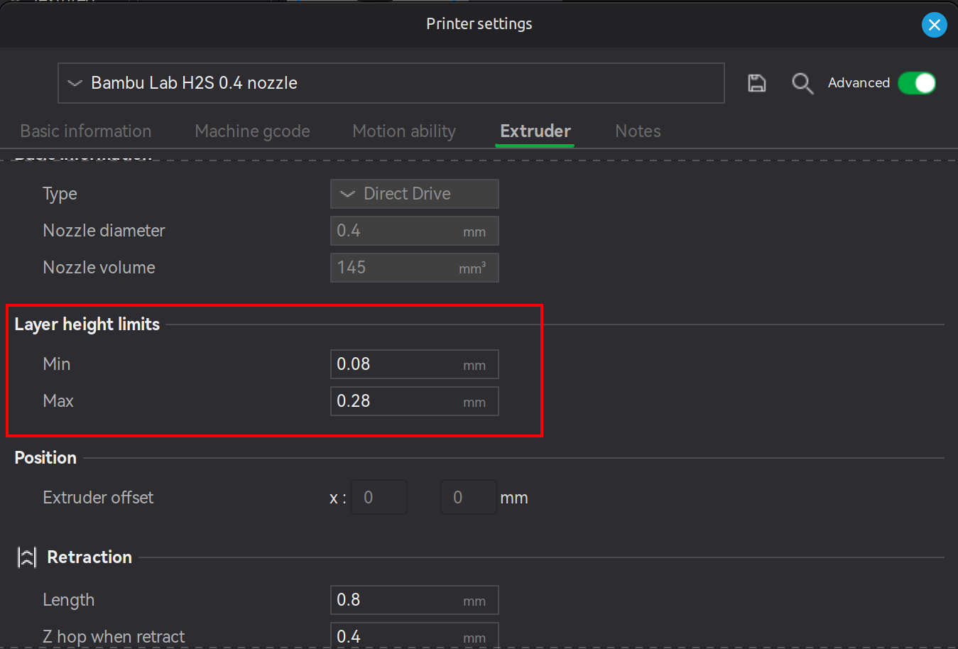Bambu Studio printer settings extruder layer height limits