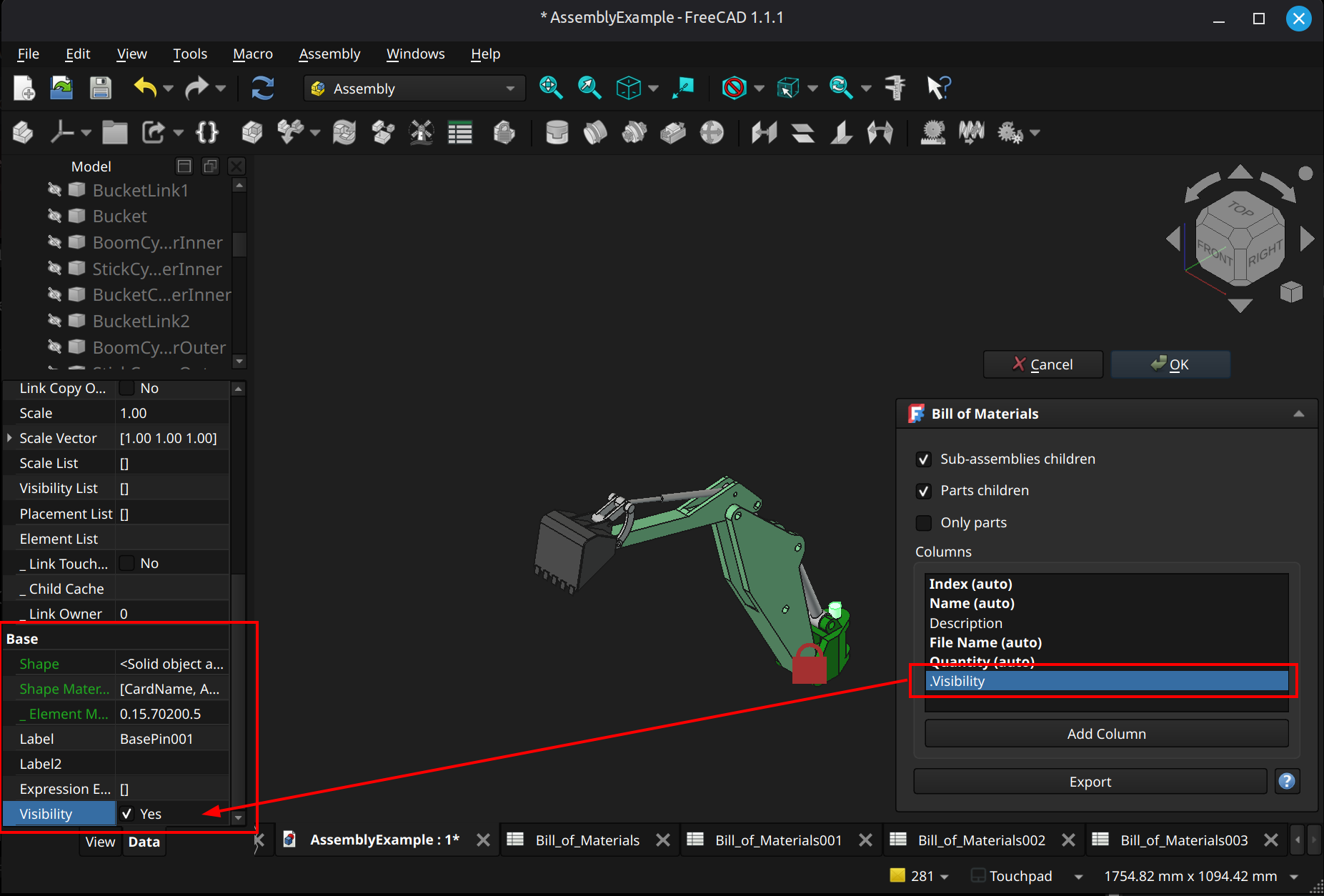 FreeCAD Assembly workbench bill of materials custom column