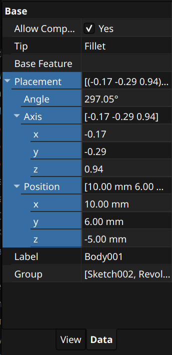 FreeCAD part design workbench body translation properties
