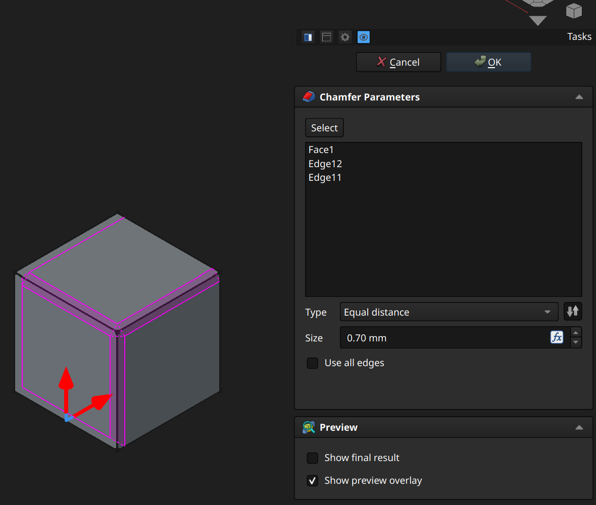 FreeCAD Part Design workbench chamfer example