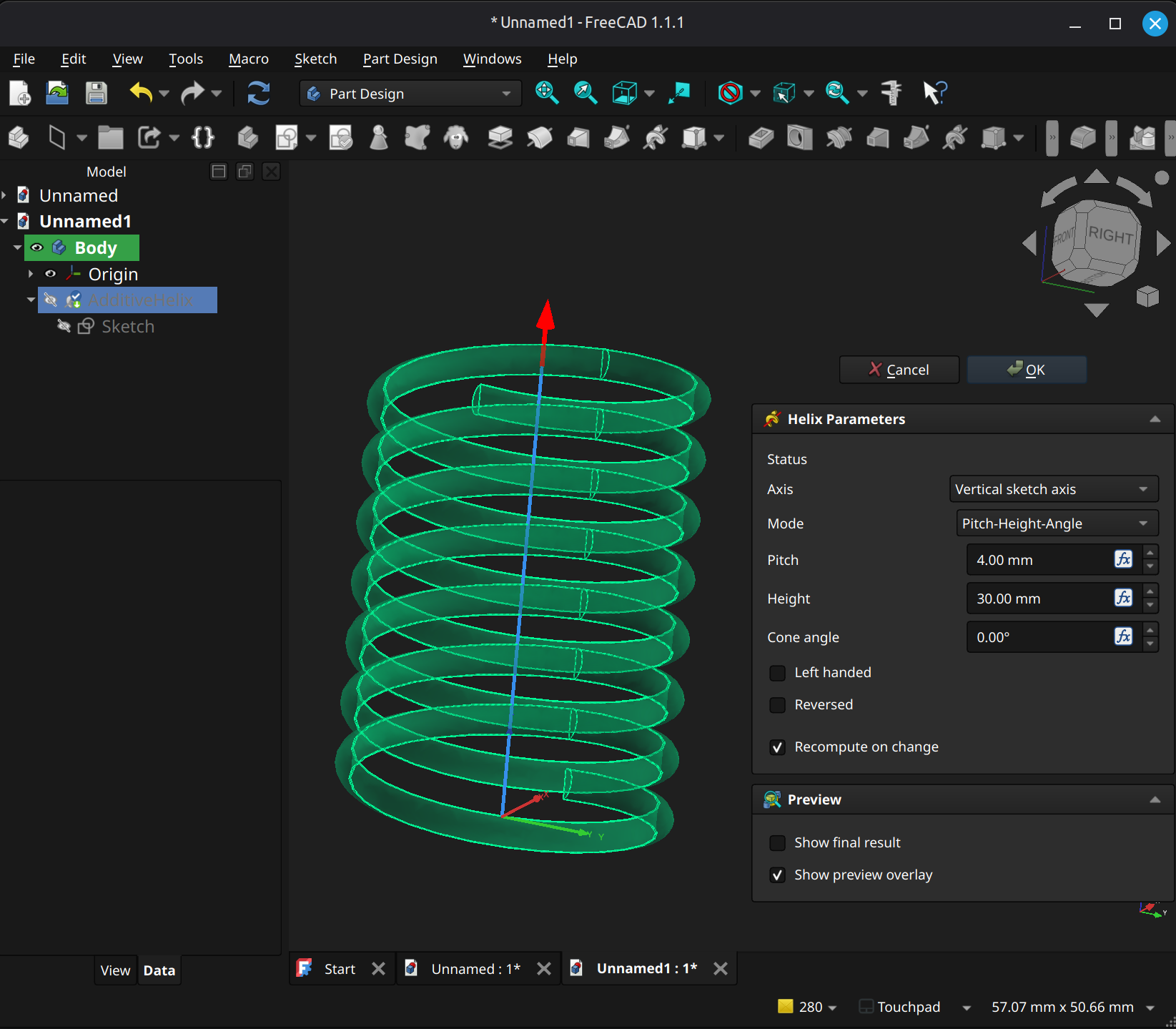 FreeCAD Part Design workbench helix example