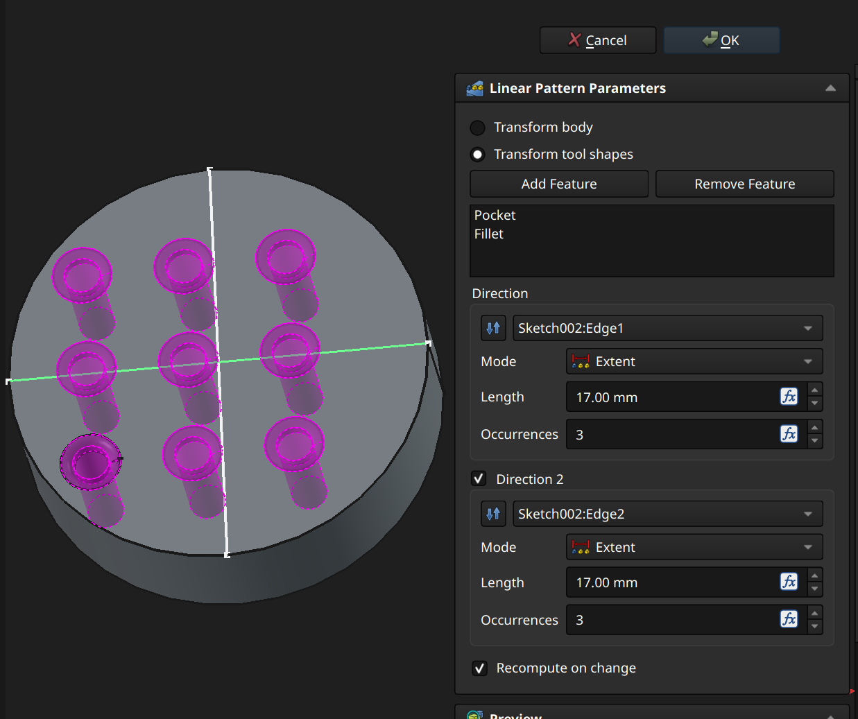 FreeCAD Part Design workbench linear pattern example