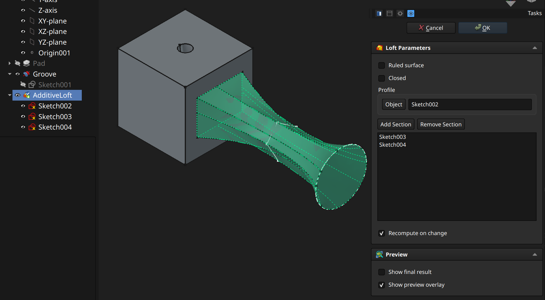 FreeCAD Part Design workbench loft example