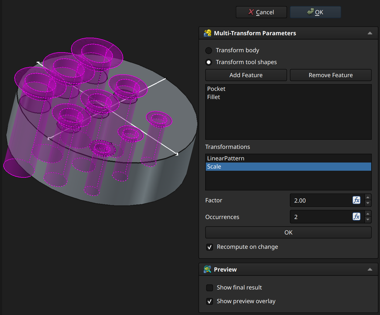 FreeCAD Part Design workbench multi-transform example