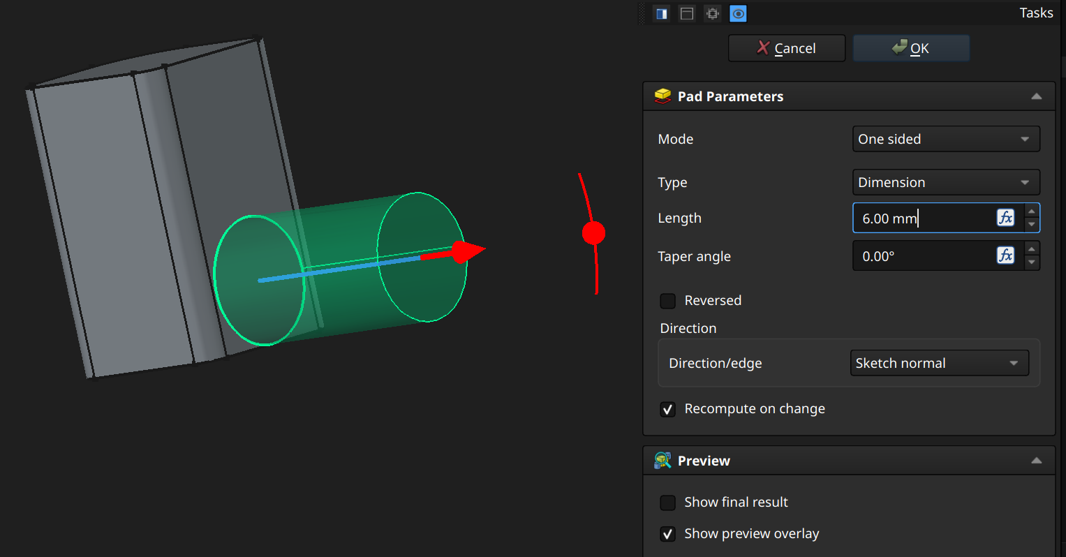 FreeCAD Part Design workbench pad example