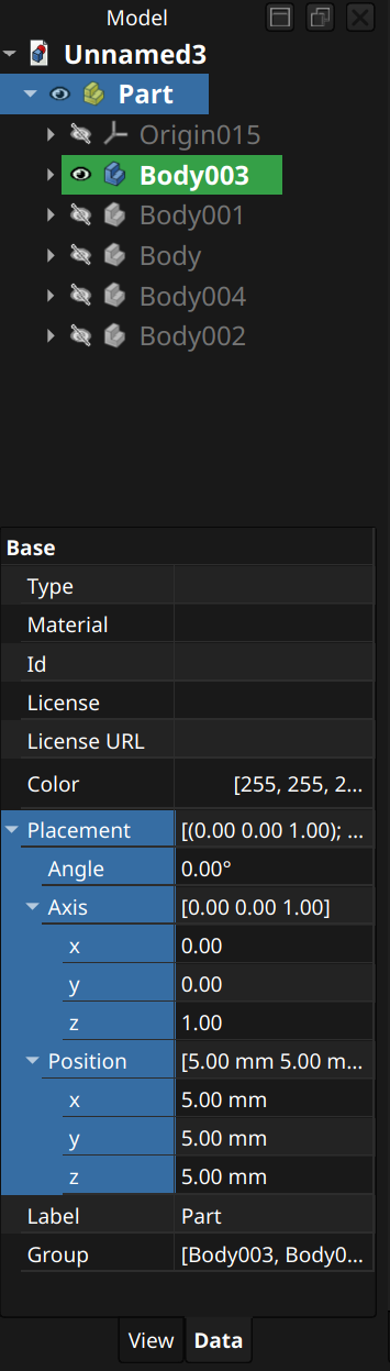 FreeCAD part design workbench part model pane example