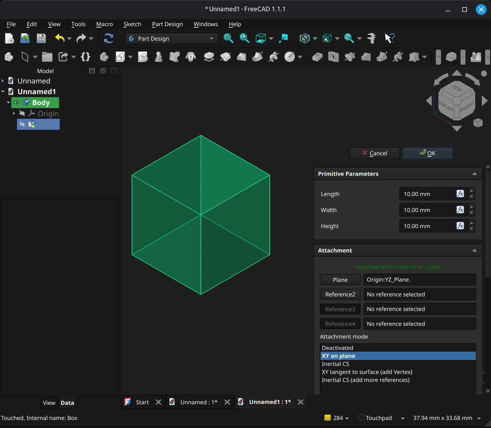 FreeCAD Part Design workbench primitive example