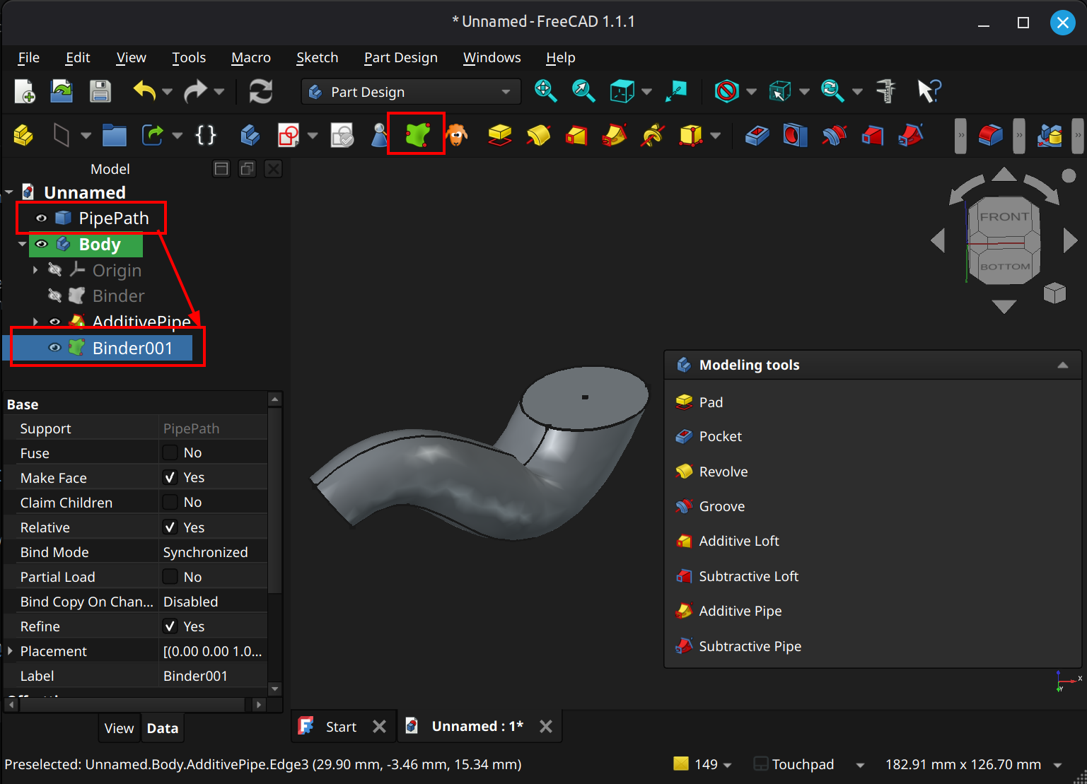 FreeCAD Part Design workbench subshape binder example