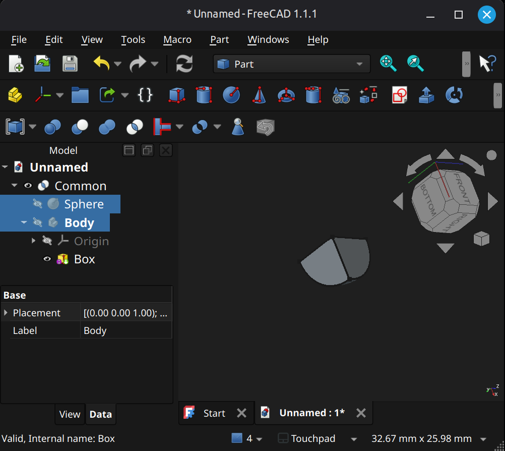 FreeCAD Part workbench object using body example