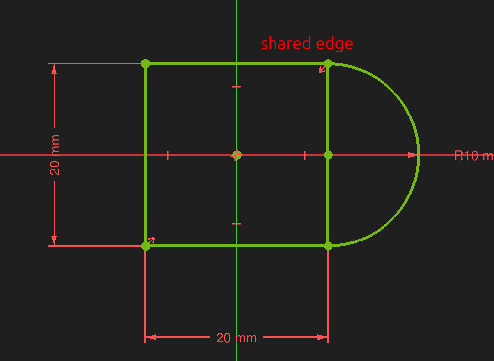 FreeCAD sketcher workbench 2 contours with shared edge example