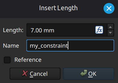 FreeCAD sketcher workbench constraint name and value dialog
