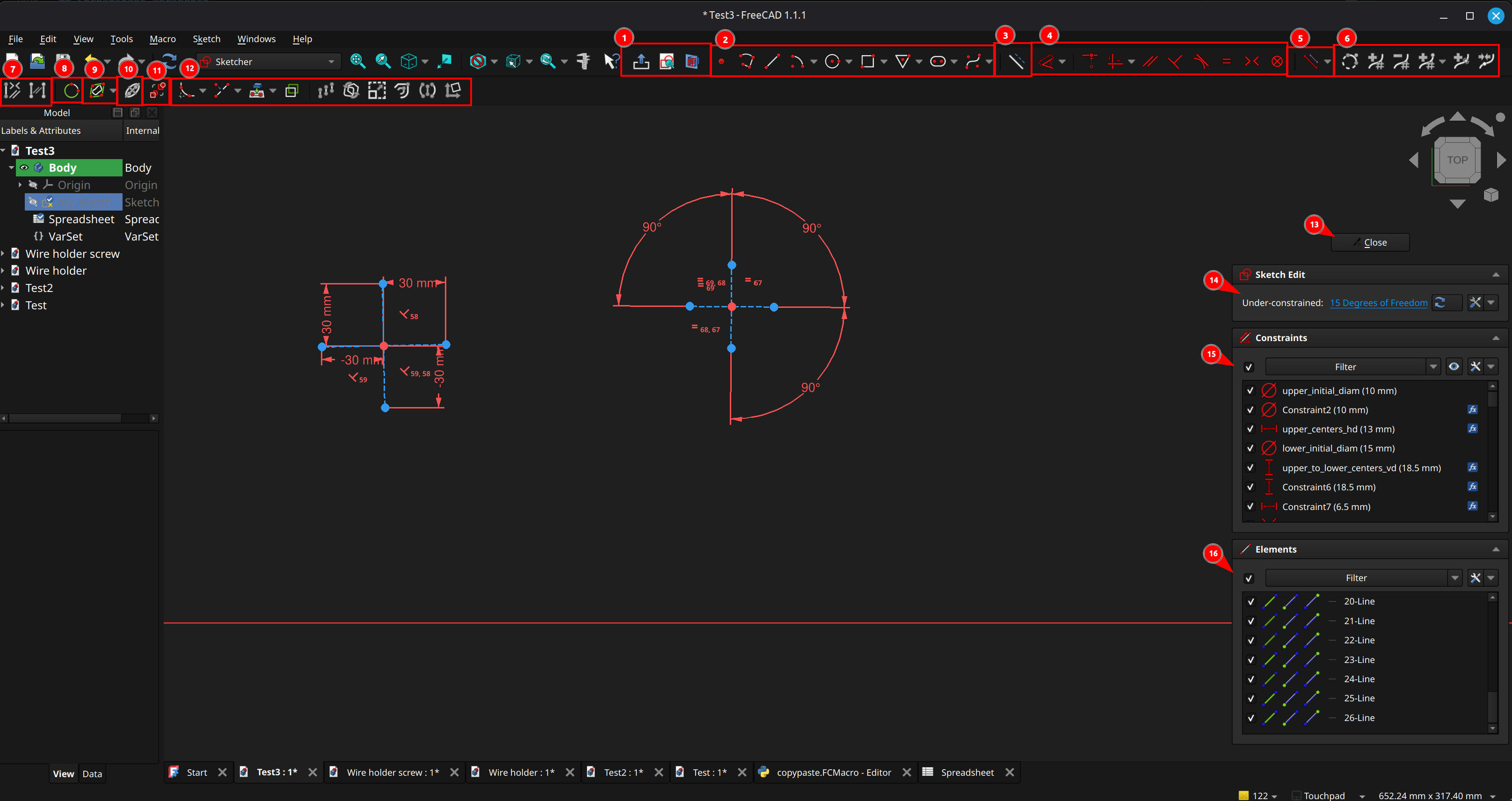 FreeCAD sketcher workbench UI layout