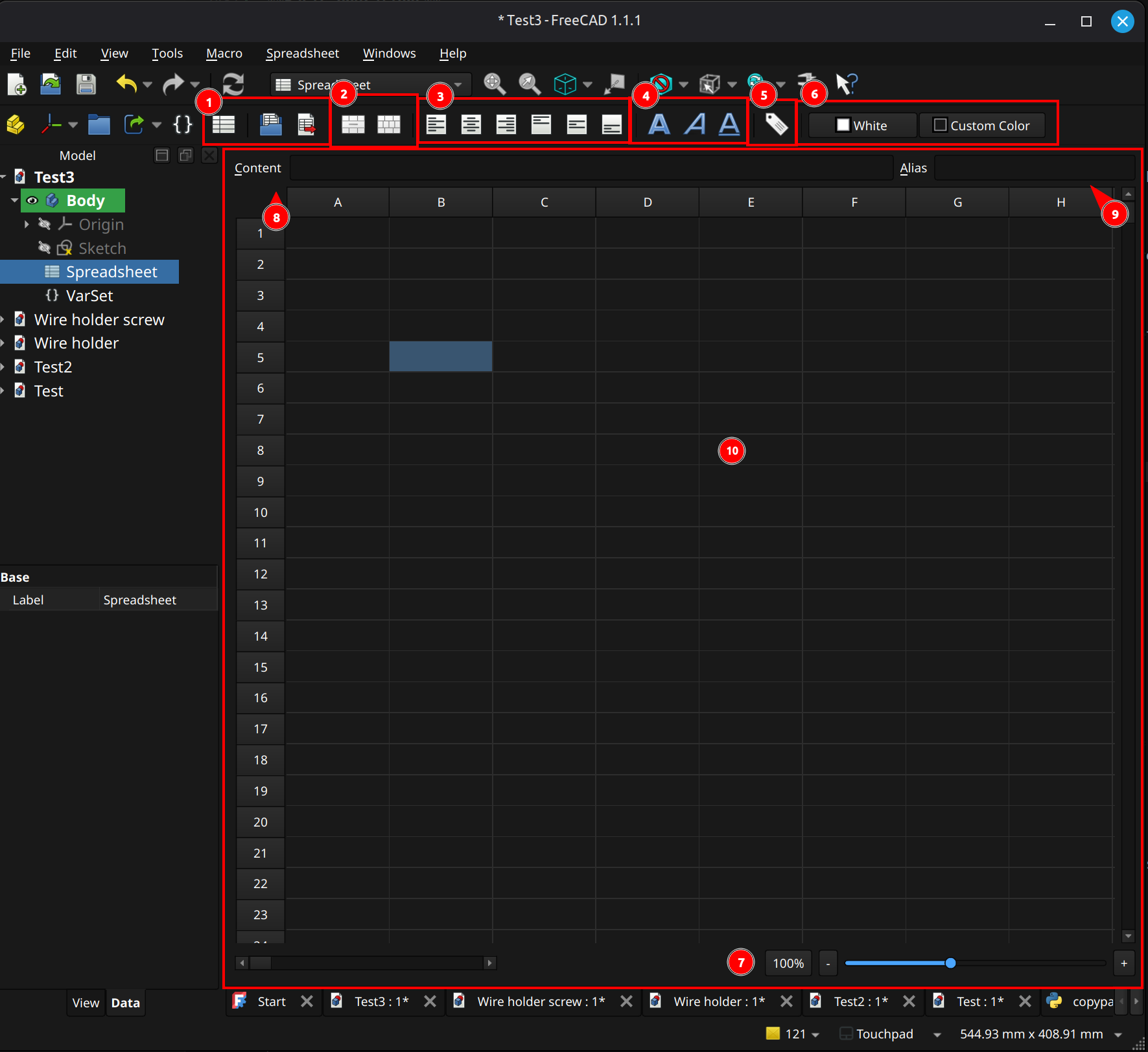 FreeCAD spreadsheet UI layout